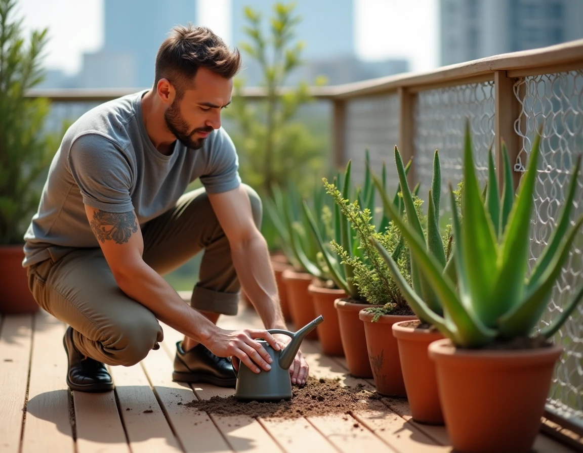Homme vérifiant l'humidité du sol d'une aloe vera sur un balcon urbain en bois avec un arrosoir à côté