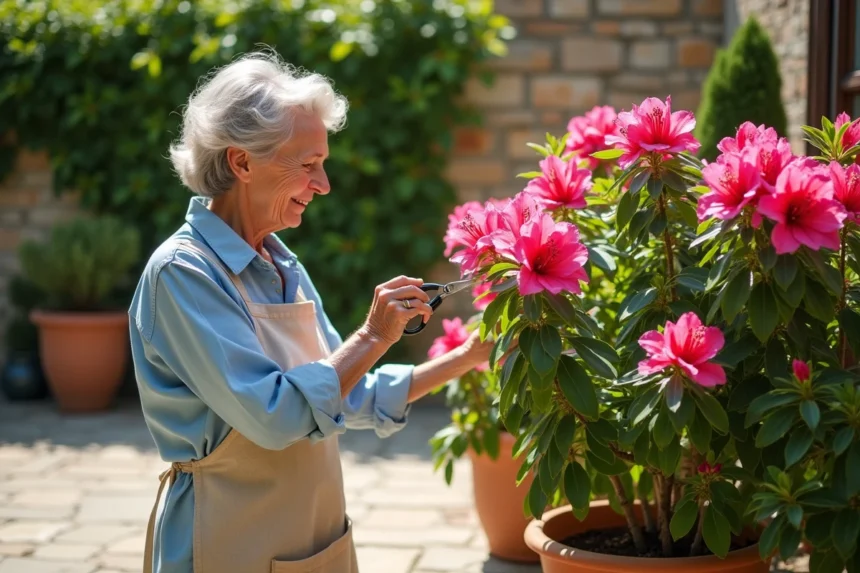 Femme mature taillant un azalée en pot sur une terrasse en pierre avec des fleurs roses épanouies