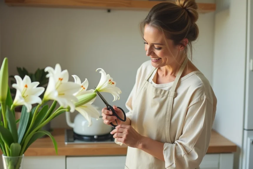 Femme entretenant un lys parfumé blanc dans une cuisine lumineuse, taillant la tige avec des ciseaux de jardin
