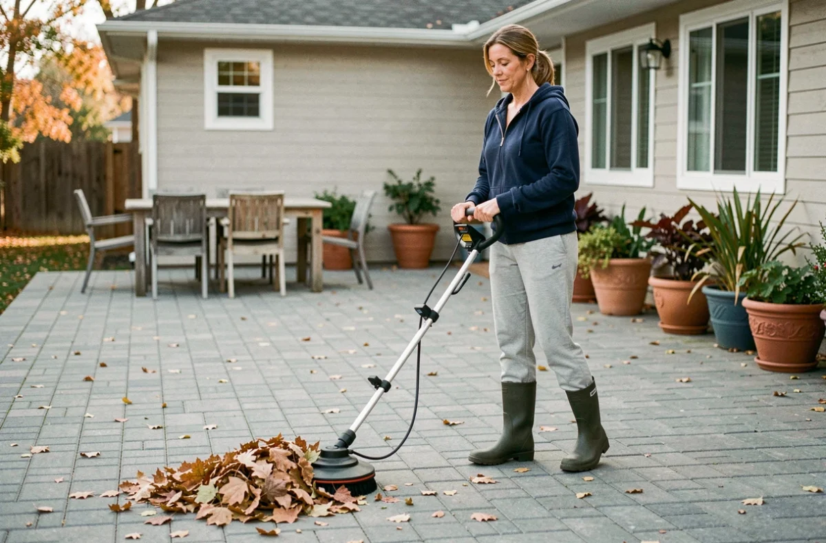 Femme utilisant un balai mécanique pour entretenir une terrasse en pavé autobloquant en automne
