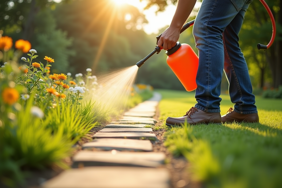 Personne pulvérisant un désherbant naturel fait maison dans le jardin