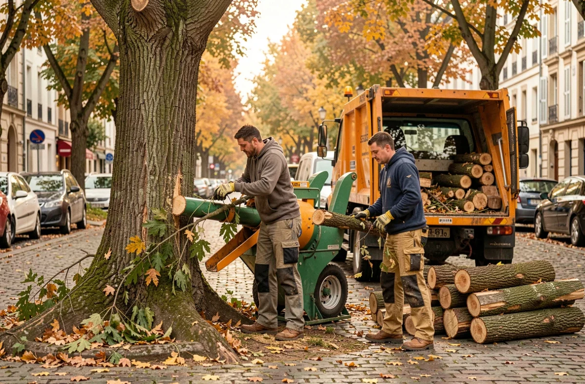 Équipe d'élagage utilisant un broyeur de branches sur une avenue arborée en France lors de travaux d'abattage