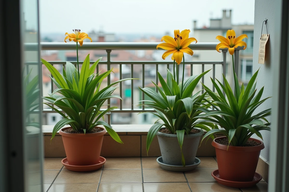 Comparaison entre un lys oriental en pot surarrosé aux feuilles jaunies et un lys bien arrosé sur un balcon urbain