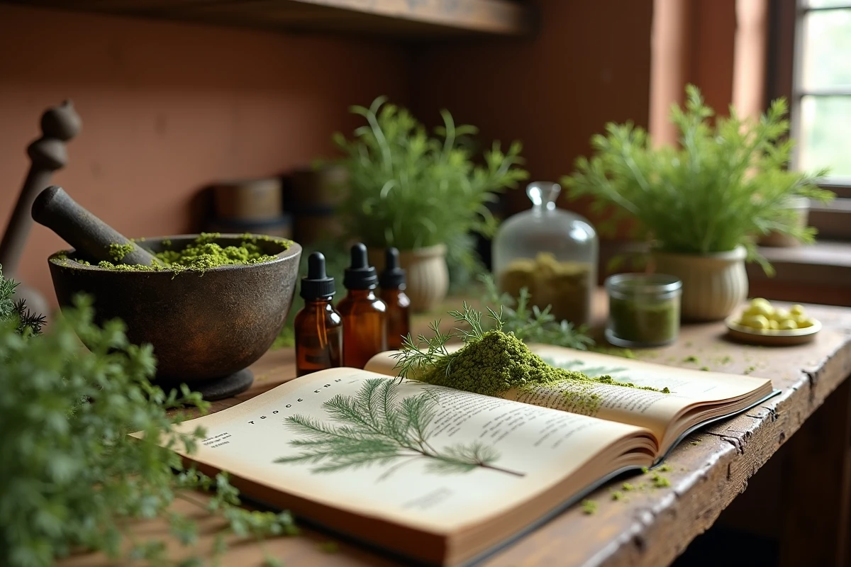 Établi d'herboriste avec aneth séché, flacons apothicaires et livre de botanique sur Peucedanum graveolens pour cosmétiques naturels
