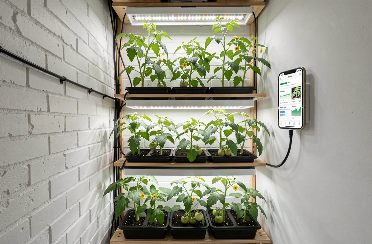 Étagère de potager intérieur connecté avec des plants de tomates en fleurs et une application de suivi sur smartphone