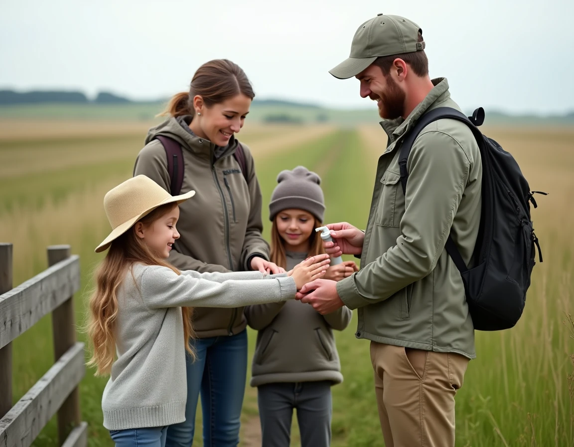 Famille appliquant un répulsif naturel contre les taons avant une randonnée à la campagne