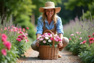 Femme en jardinage arrangeant un bouquet de lisanthus