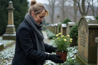 Femme déposant des hellebores près d'une tombe en hiver