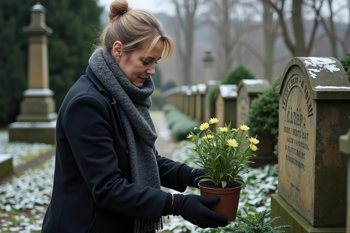Femme déposant des hellebores près d'une tombe en hiver