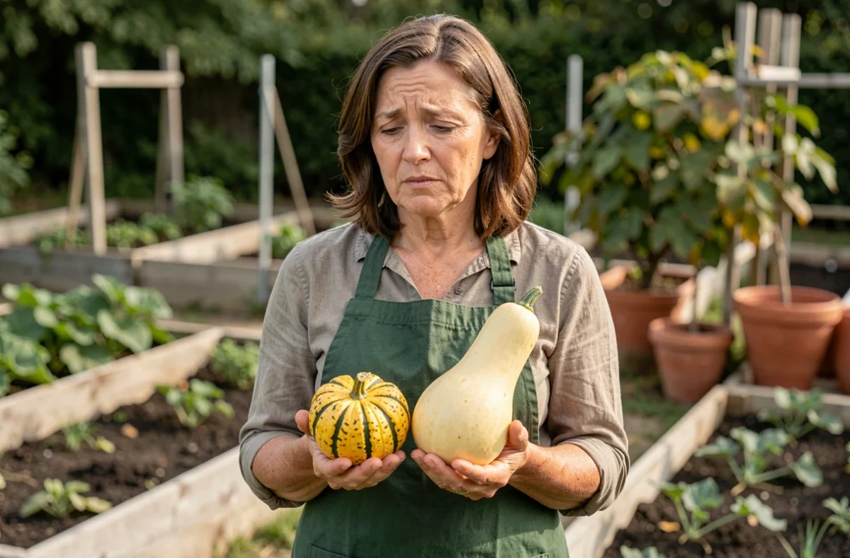 Femme comparant deux courges ornementales dans un potager, illustrant les erreurs fréquentes de reconnaissance entre variétés comestibles et décoratives
