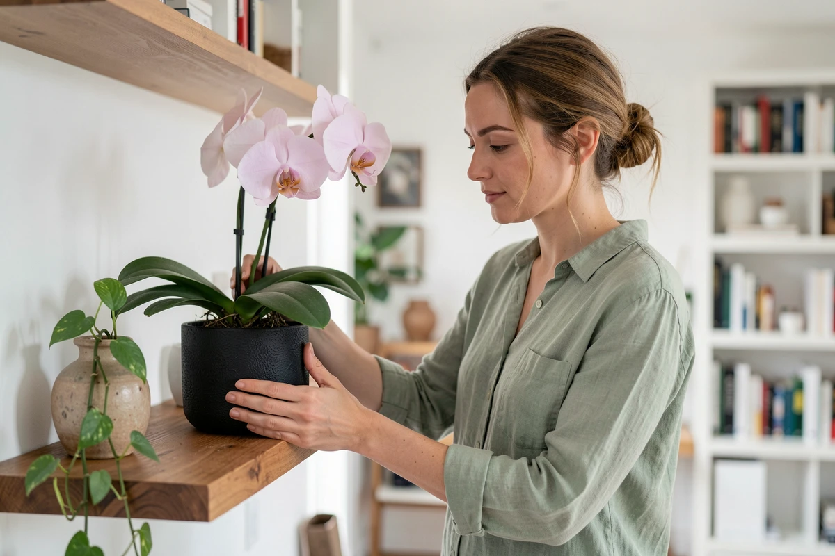 Femme disposant une orchidée rose dans un pot noir mat sur une étagère murale en bois dans un salon moderne