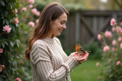 Femme tenant un rouge-gorge dans un jardin printanier