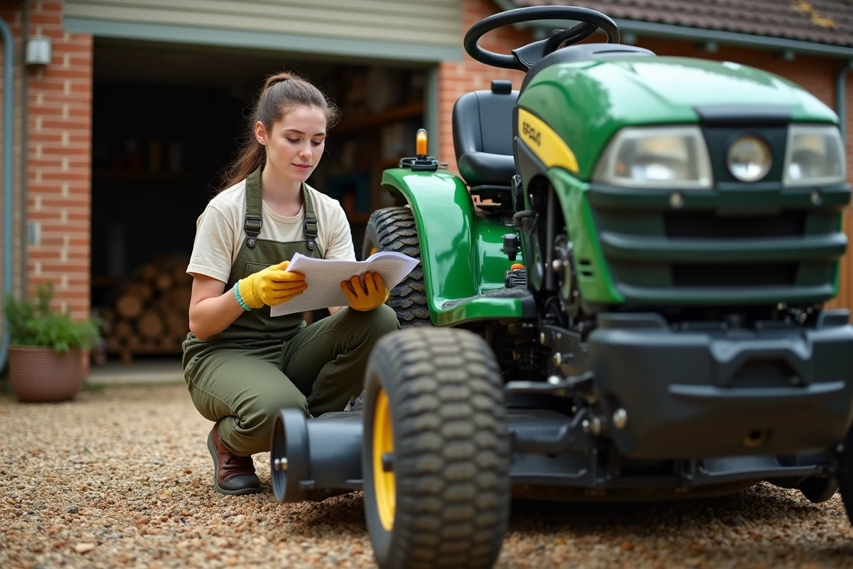 Jeune femme vérifiant la tondeuse sur l