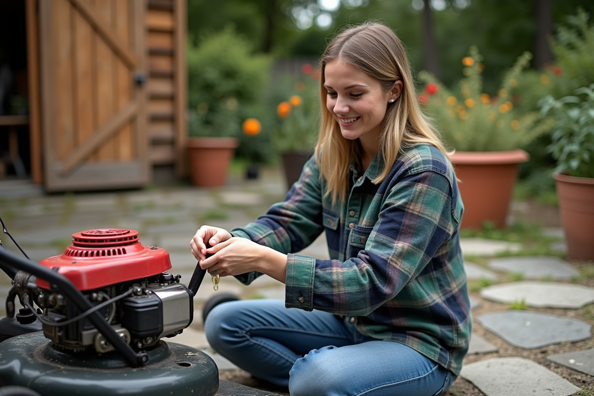 Jeune femme huilant une tondeuse à main dans son jardin