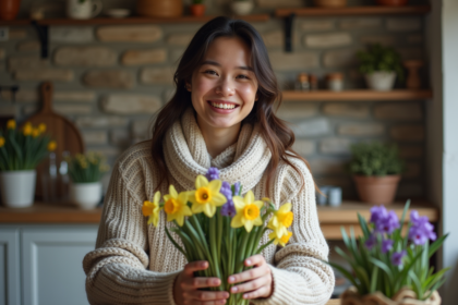 Jeune femme arrangeant un bouquet de fleurs dans la cuisine