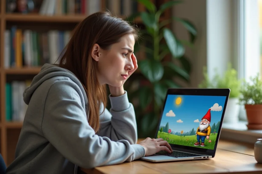 Femme frustrée devant un ordinateur portable affichant une erreur du jeu nain de jardin Google