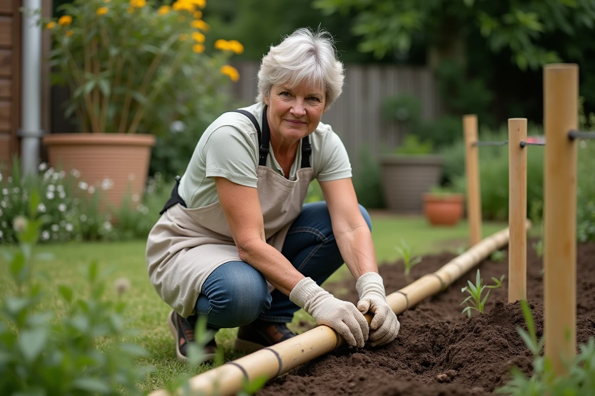 Femme jardinière installant une clôture en bambou dans son jardin naturel