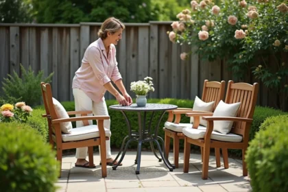 Femme arrangeant des fauteuils en bois dans un jardin
