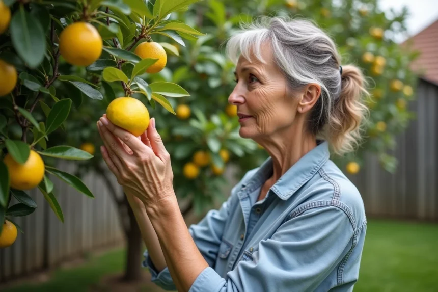 Femme inspectant un arbre de citron avec feuilles jaunies dans un jardin