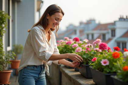 Femme souriante en balcon avec fleurs colorées