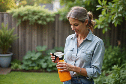 Femme lisant une étiquette de spray insecticide dans le jardin