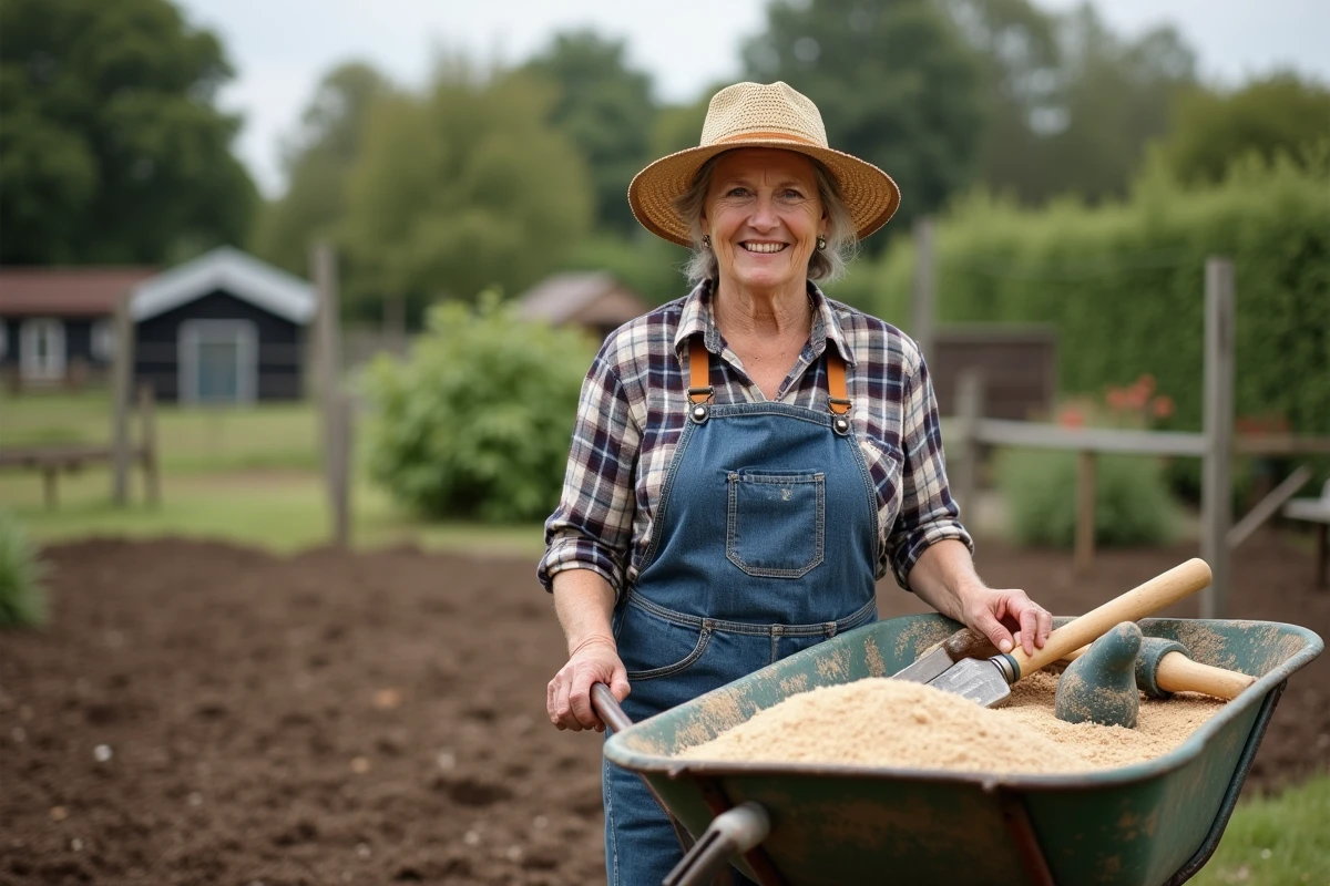 Femme souriante avec brouette de chaux et compost dans le jardin