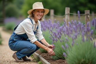 Femme en chapeau de paille dans le jardin avec lavande