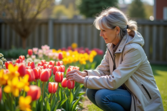 Femme kneeling près de tulipes colorées au printemps