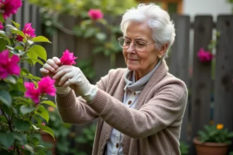 Femme en cardigan jardinant avec bougainvillea en extérieur