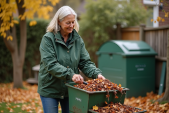 Femme en veste verte utilisant un broyeur à feuilles dans le jardin