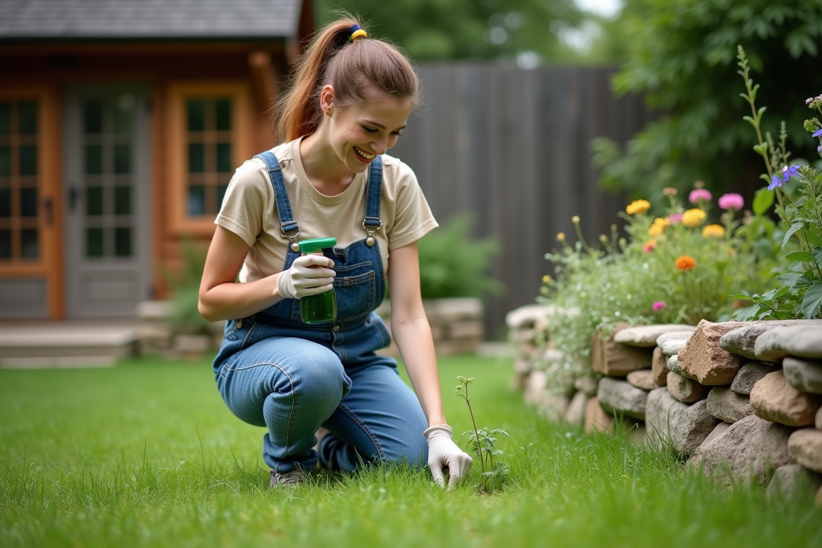 Femme inspectant sa pelouse avec un pulvérisateur en main