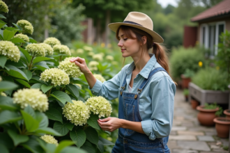 Femme en jardinage avec hortensias verts et fleurs fanées