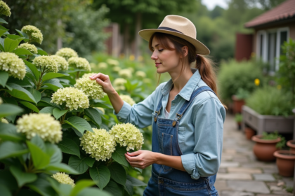 Femme en jardinage avec hortensias verts et fleurs fanées