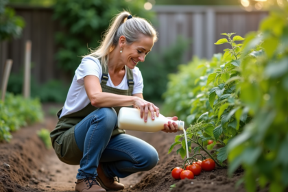 Femme en jardinage versant du lait au pied de tomates