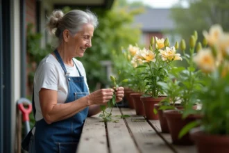 Femme en tablier en denim entretenant des lys sur un balcon