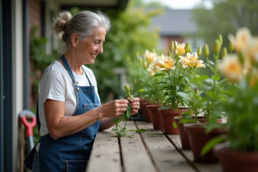 Femme en tablier en denim entretenant des lys sur un balcon