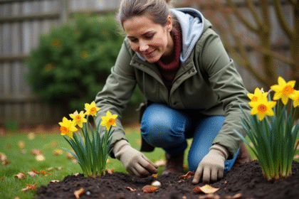 Femme d'âge moyen plantant des narcisses dans son jardin