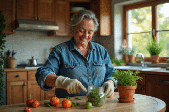 Femme en cuisine avec un pot de conserves maison