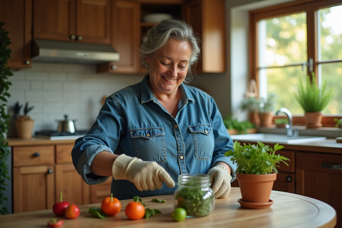 Femme en cuisine avec un pot de conserves maison