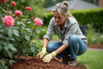 Femme en jardinage examinant la terre autour d'un rosier en fleurs