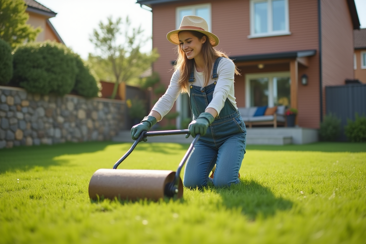 Jeune femme en overalls utilisant un rouleau à gazon dans le jardin