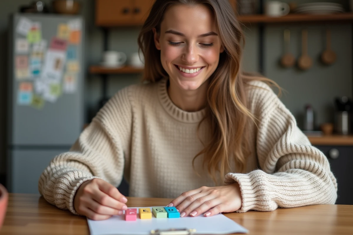 Jeune femme arrangeant des lettres sur un carnet dans la cuisine