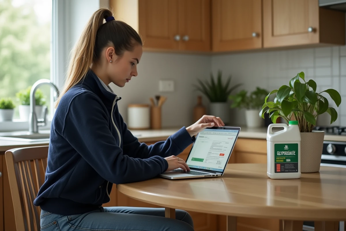 Femme lisant une étiquette de glyphosate dans la cuisine