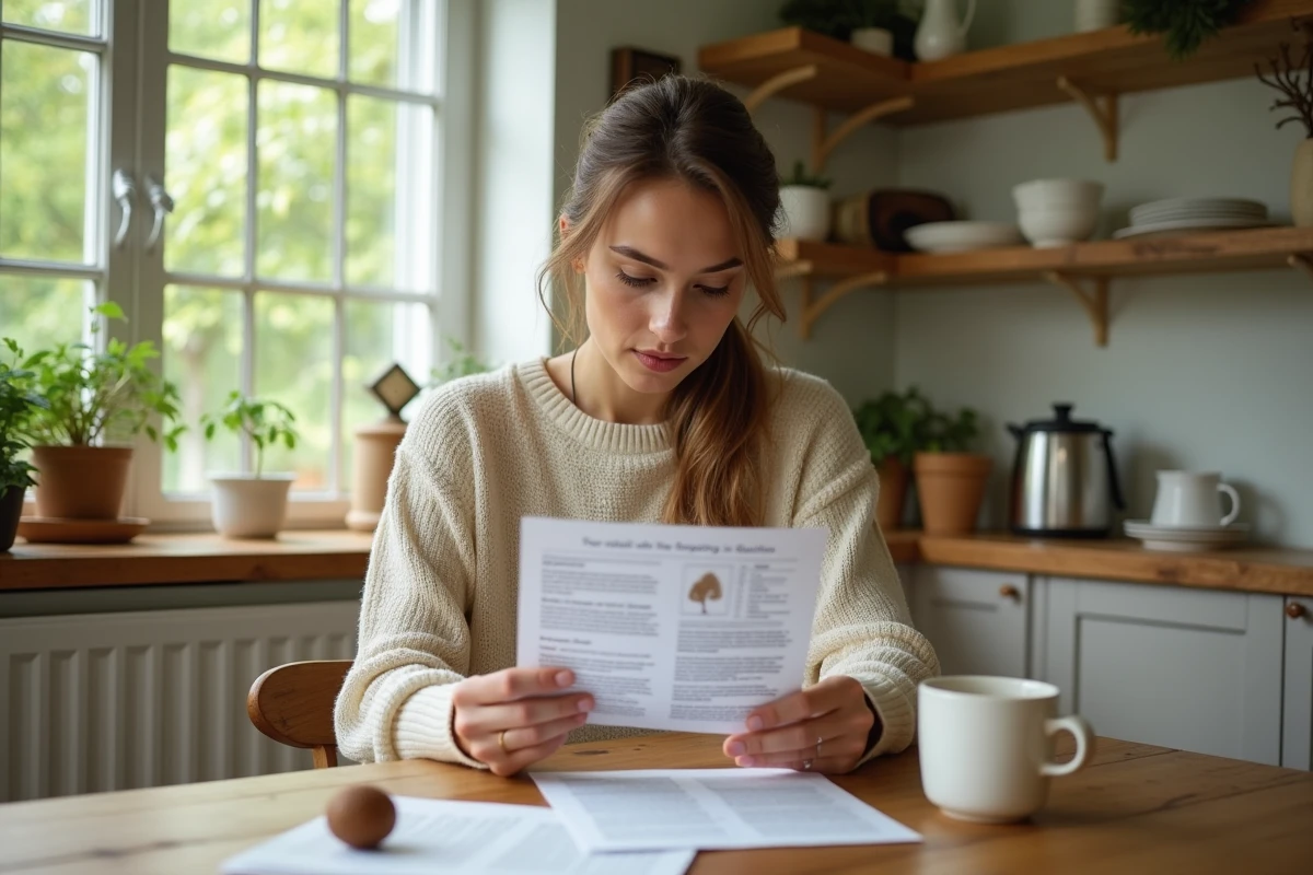 Femme lit une brochure sur les galles de chêne dans la cuisine