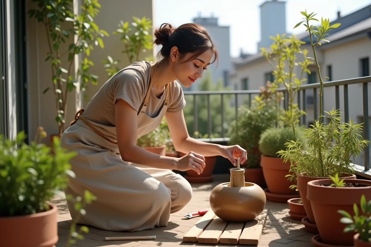 Femme assemblant une fontaine en bambou sur un balcon urbain ensoleillé avec des composants et outils posés sur une surface en bois recyclé