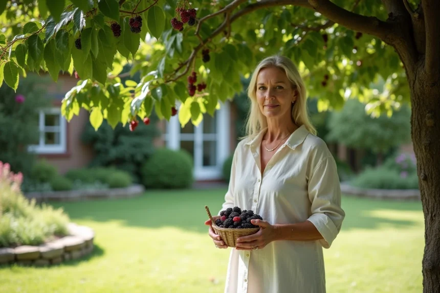 Femme cueillant des mûres sous un arbre dans un jardin