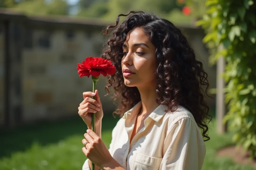 Femme tenant un œillet rouge dans un jardin botanique, symbolisant la personnalité et le langage des fleurs