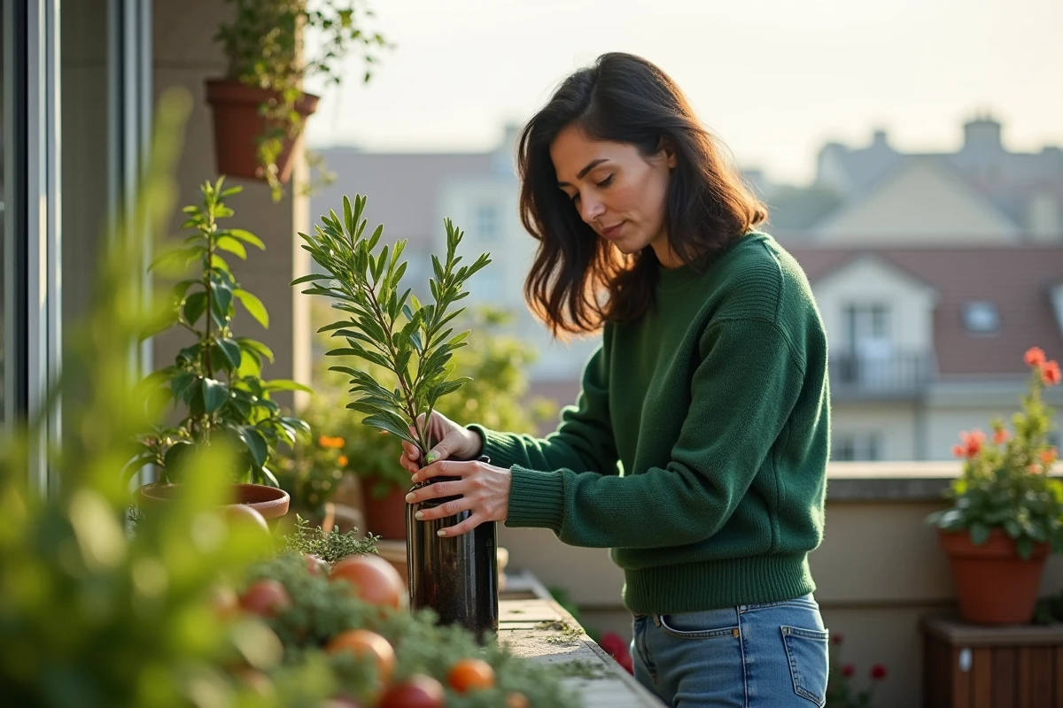 Femme plantant un laurier dans une bouteille recyclée sur un balcon