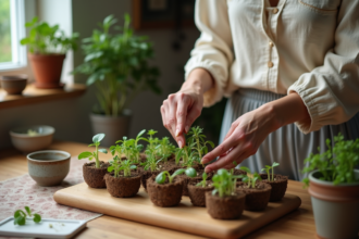 Femme arrangeant des graines germées dans des pots en terre cuite