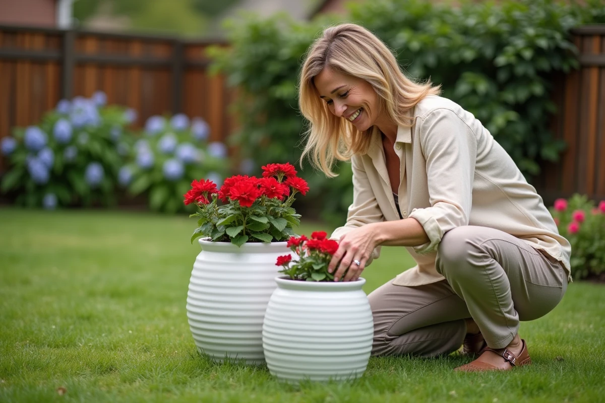 Femme plantant des géraniums dans un grand pot de fleur extérieur 80 cm blanc en céramique dans un jardin de maison